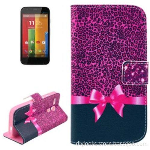 Pink Leopard Texture Leather Case with Credit Card Slots and Holder for Motorola Moto G